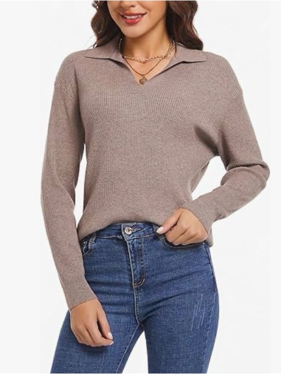 Women's Collared V-Neck Pullover Sweater - Taupe